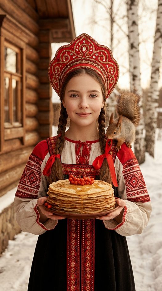 девочка в кокошнике с блинами и белкой зимой