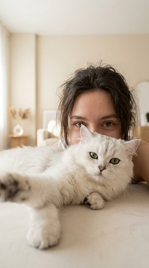 девушка с белым котом в домашней фотосессии