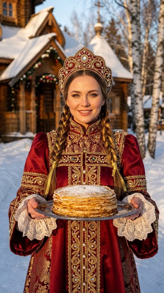 русская фотосессия на масленицу с блинами и кокошником