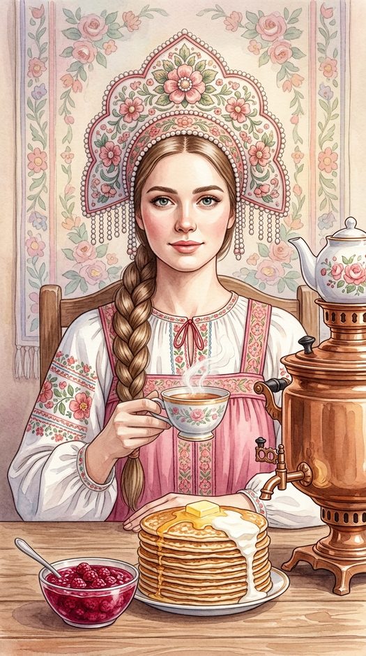 женщина в кокошнике с блинами и самоваром