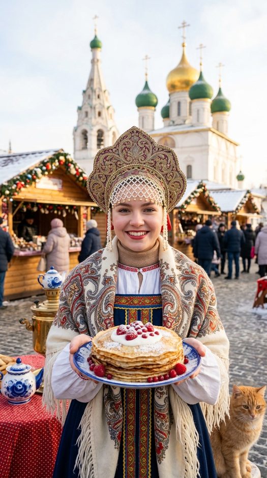 девушка в кокошнике с блинами на масленичной ярмарке