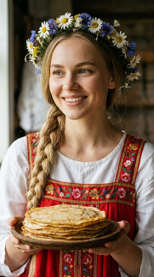 девушка в красном сарафане с блинами