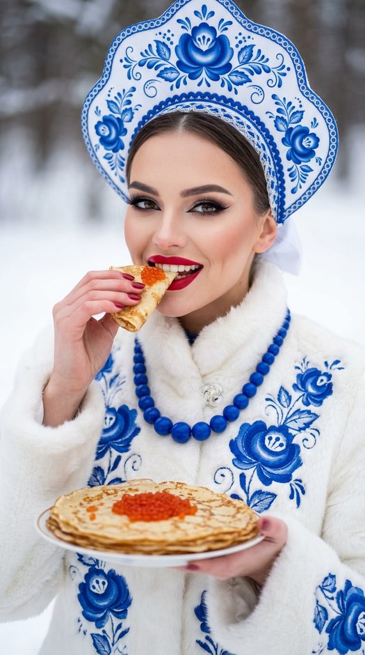 девушка в кокошнике с блинами и красной икрой