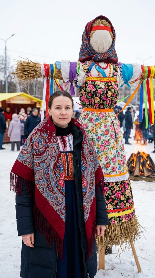 женщина рядом с чучелом на масленице