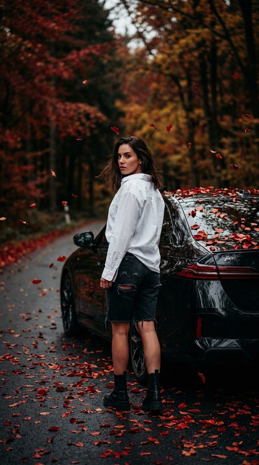 осенняя fashion фотосессия у bmw m5 в лесу