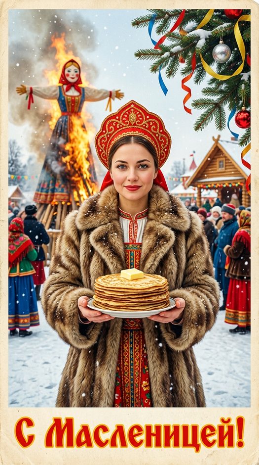старинная открытка на масленицу с кокошником