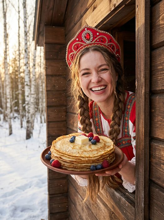 женщина с блинами в окне избы на масленицу