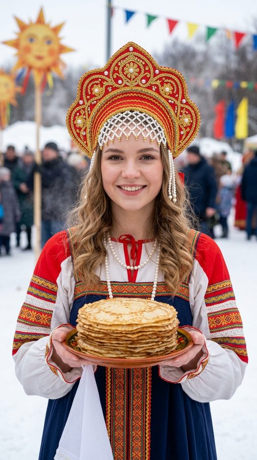 женщина на масленице с блинами в кокошнике