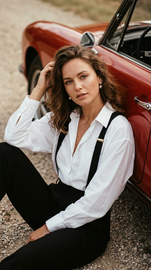 винтажная fashion фотосессия у красного автомобиля