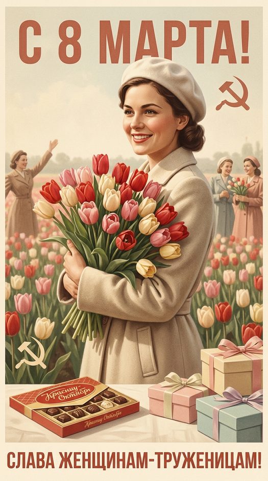 ретро открытка на 8 марта с тюльпанами