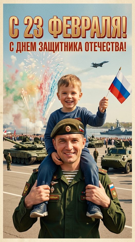 открытка на 23 февраля с отцом и сыном