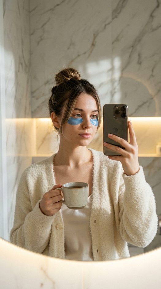 mirror selfie в ванной с патчами и кружкой чая
