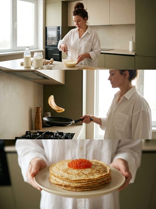 женщина на кухне с блинами в коллаже из трех кадров