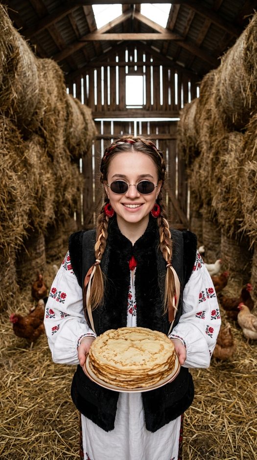 девушка с блинами в славянском костюме