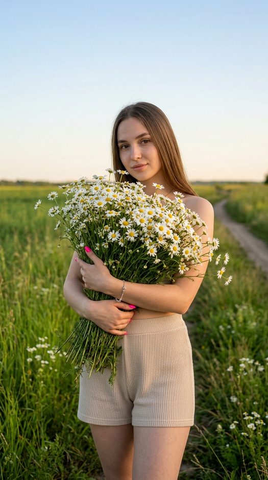 девушка с букетом ромашек в поле