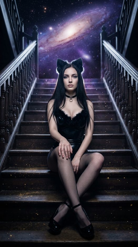 девушка кошка на викторианской лестнице в космосе