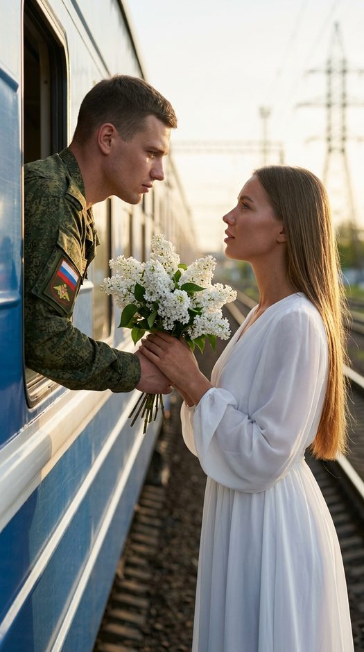пара у поезда с букетом белой сирени