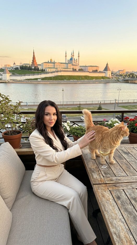 девушка на террасе с котом на фоне казанского кремля