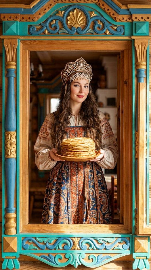 женщина с блинами в окне русской избы