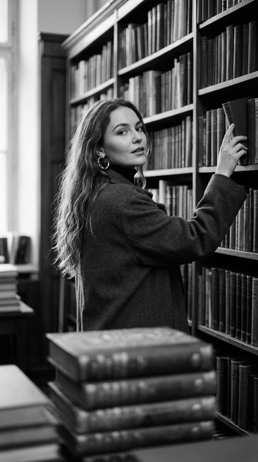 девушка в библиотеке среди книжных стеллажей