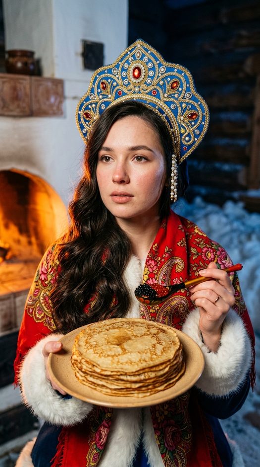 женщина у печи с блинами и икрой