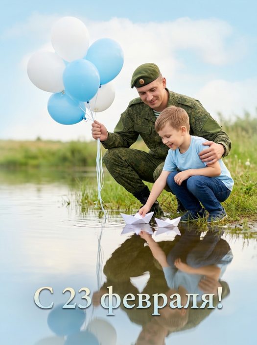 военный с ребенком у воды и шарами