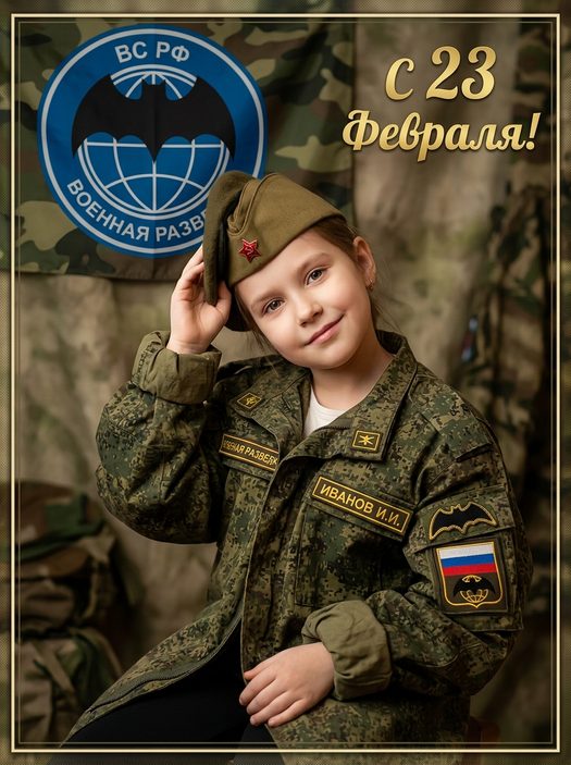 открытка на 23 февраля с девочкой в форме разведки