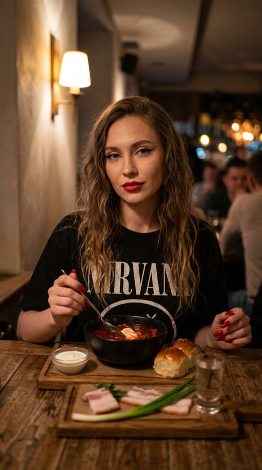 женщина в ресторане с борщом