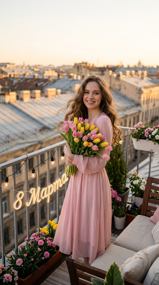 фотосессия на 8 марта с тюльпанами на балконе