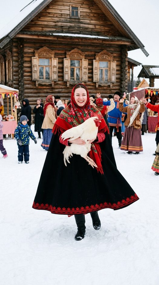 масленица с петухом у деревянного дома