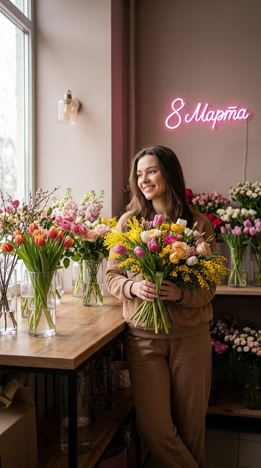 девушка в цветочном магазине на 8 марта