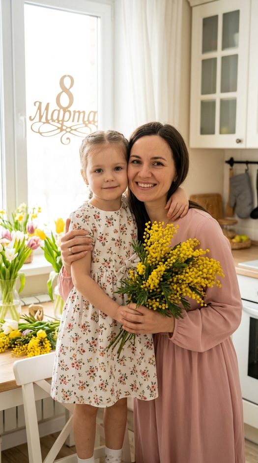 мама и дочь с мимозой на кухне к 8 марта