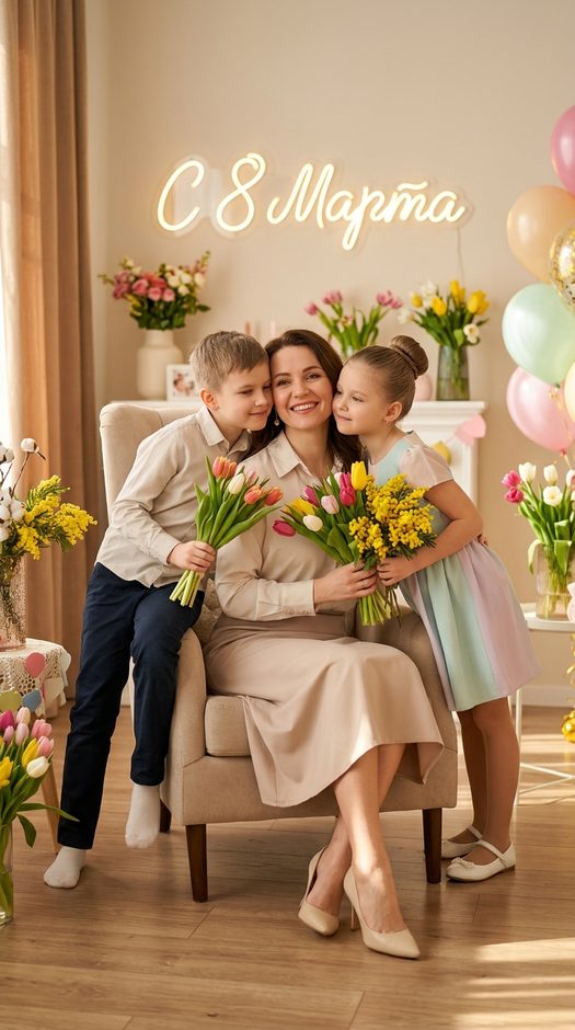 семья с цветами в гостиной на 8 марта