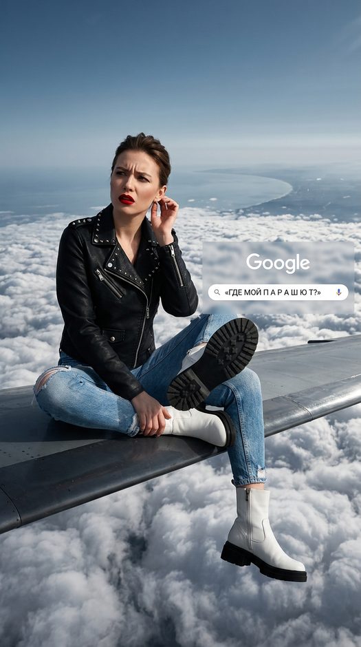 девушка на крыле самолета с поиском google