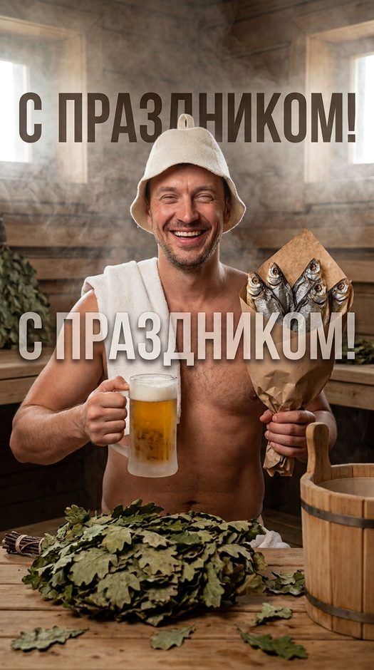 мужчина в русской бане с пивом и букетом из рыбы