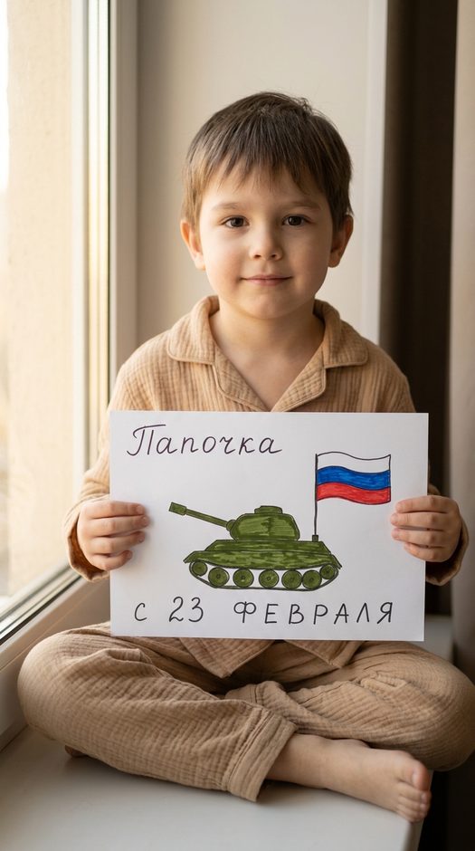 ребенок с рисунком танка на 23 февраля у окна
