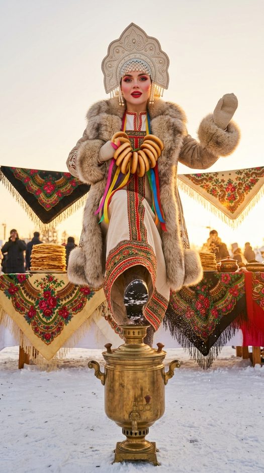 женщина на масленицу с самоваром и баранками