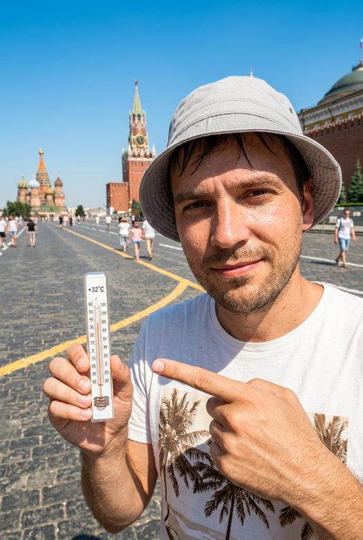 мужчина с термометром на красной площади в жару