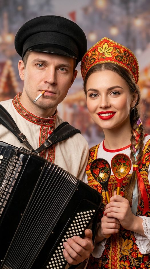 пара на масленицу в русских костюмах крупный план