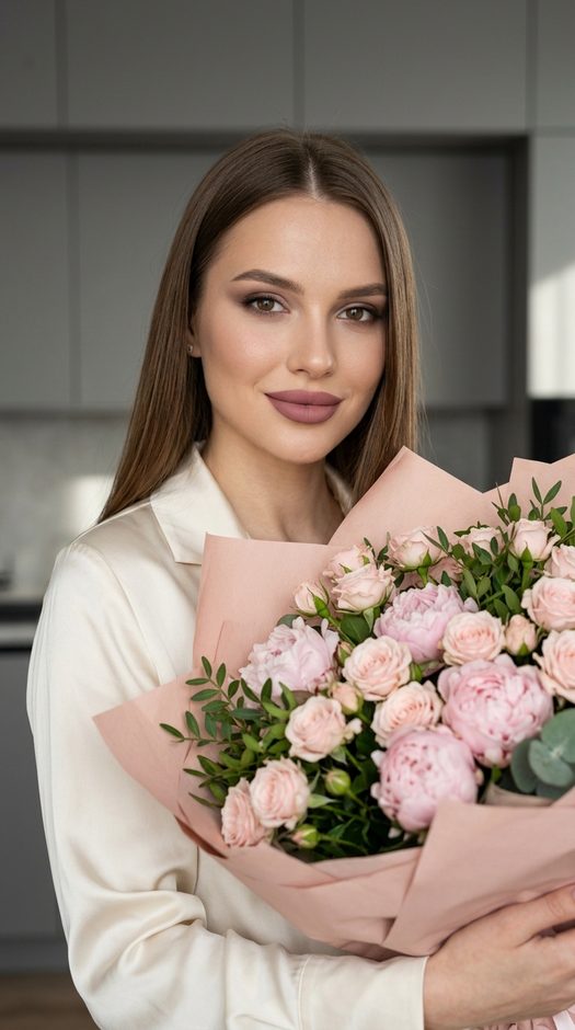 женская фотосессия с букетом роз на кухне