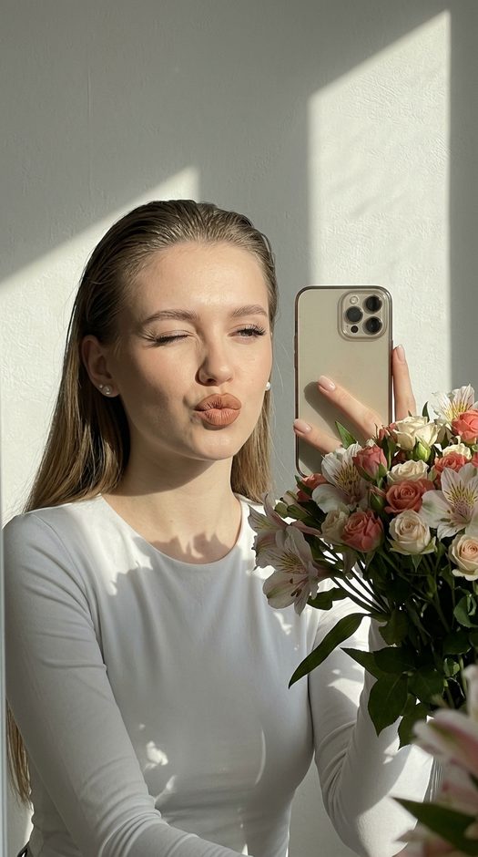 зеркальное селфи с букетом кустовых роз