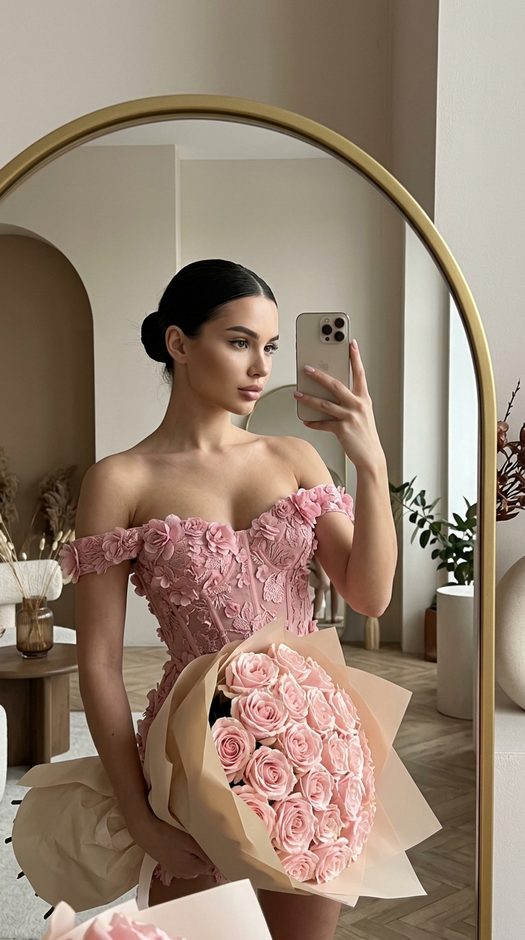 селфи в зеркале с букетом роз и цветочным корсетом