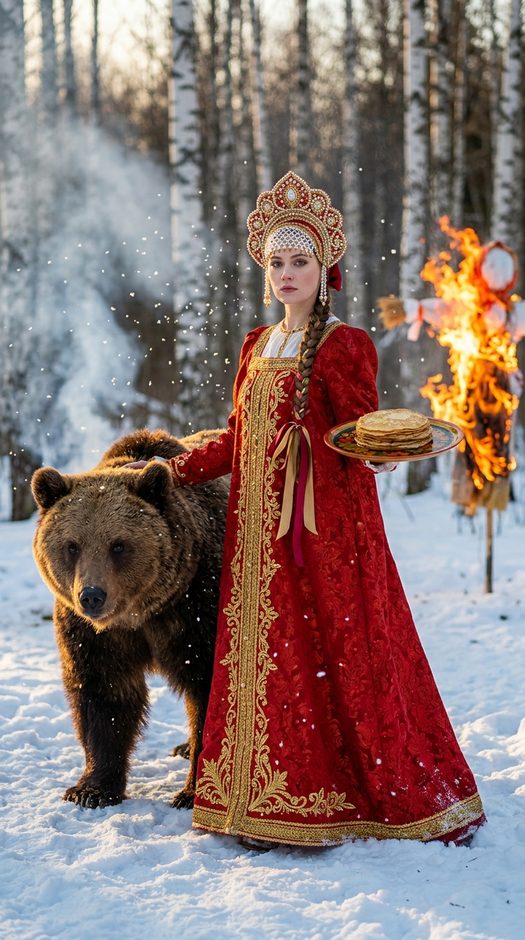 девушка на масленицу с блинами и медведем