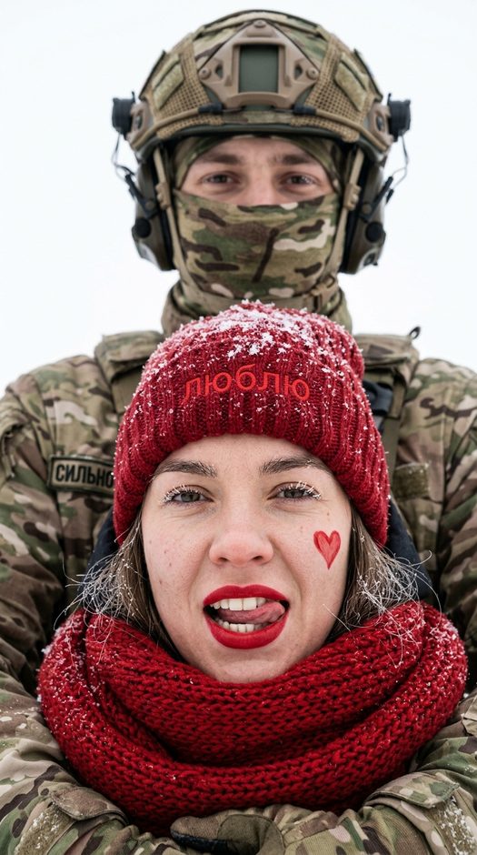 зимняя фотосессия пары в красной шапке и камуфляже