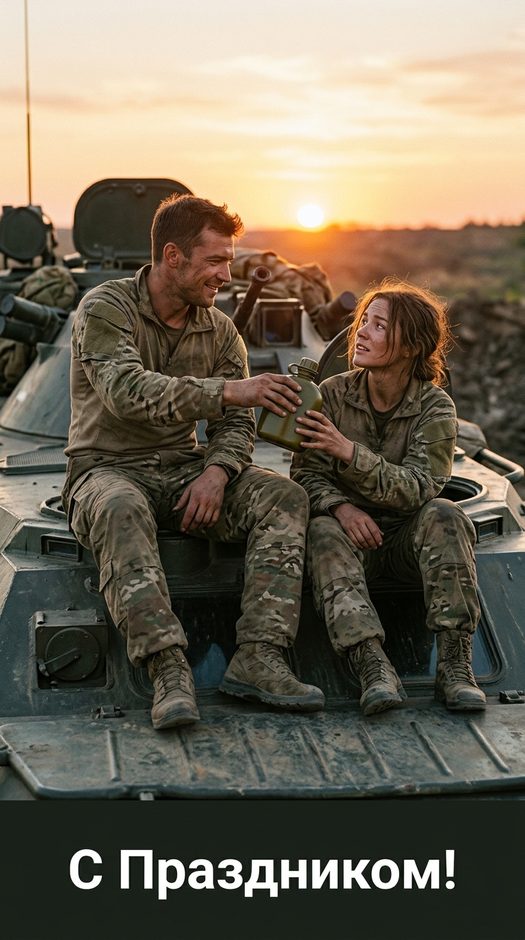 военная фотосессия на броне с открыткой к празднику