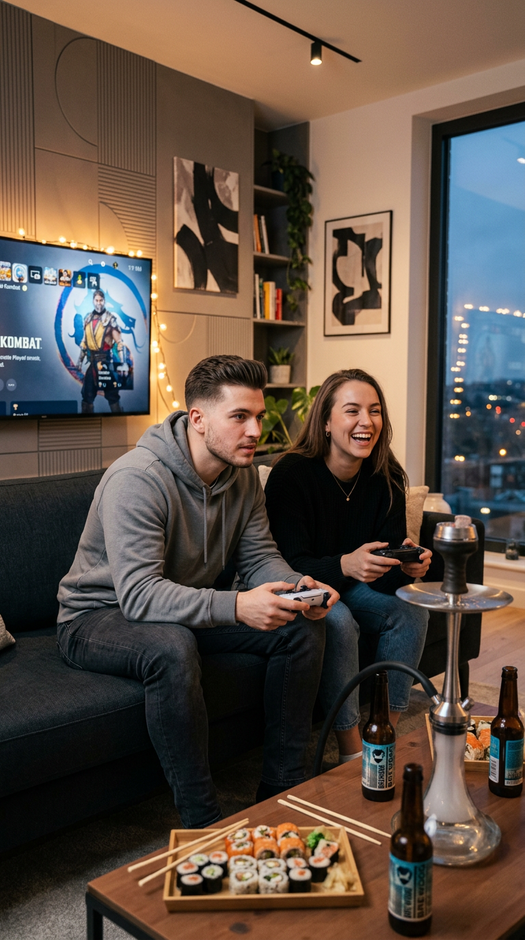 пара дома играет в mortal kombat на диване
