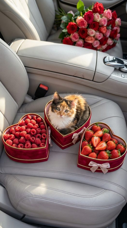 котенок в коробке сердце в салоне автомобиля