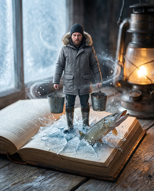 мужчина на льду в книге со щукой