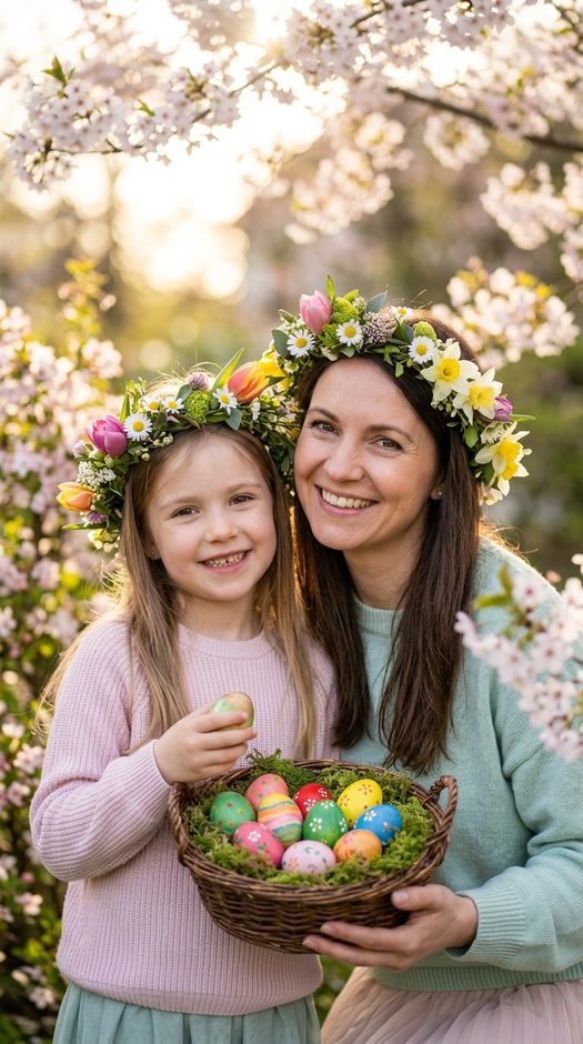 мама и дочь на пасху в цветущем саду