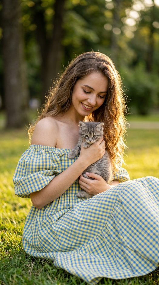женщина с котенком в парке летом